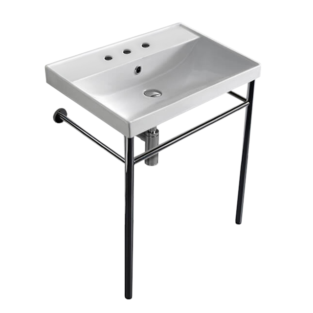 Nameeks 3004-CON-Three-Hole Scarabeo Rectangular Ceramic Console Sink and Polished Chrome Stand - White
