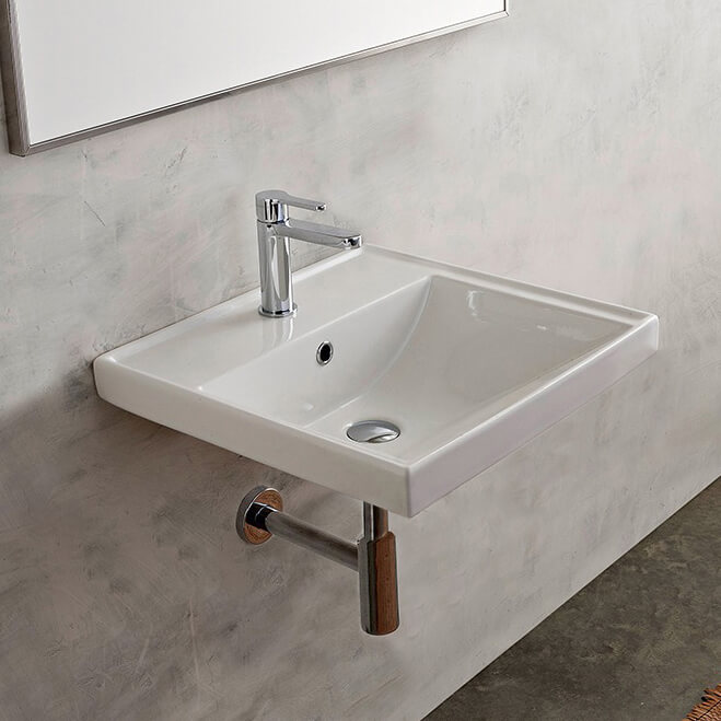 Nameeks 3004-One-Hole Scarabeo Square White Ceramic Self Rimming or Wall Mounted Bathroom Sink - White - Click Image to Close