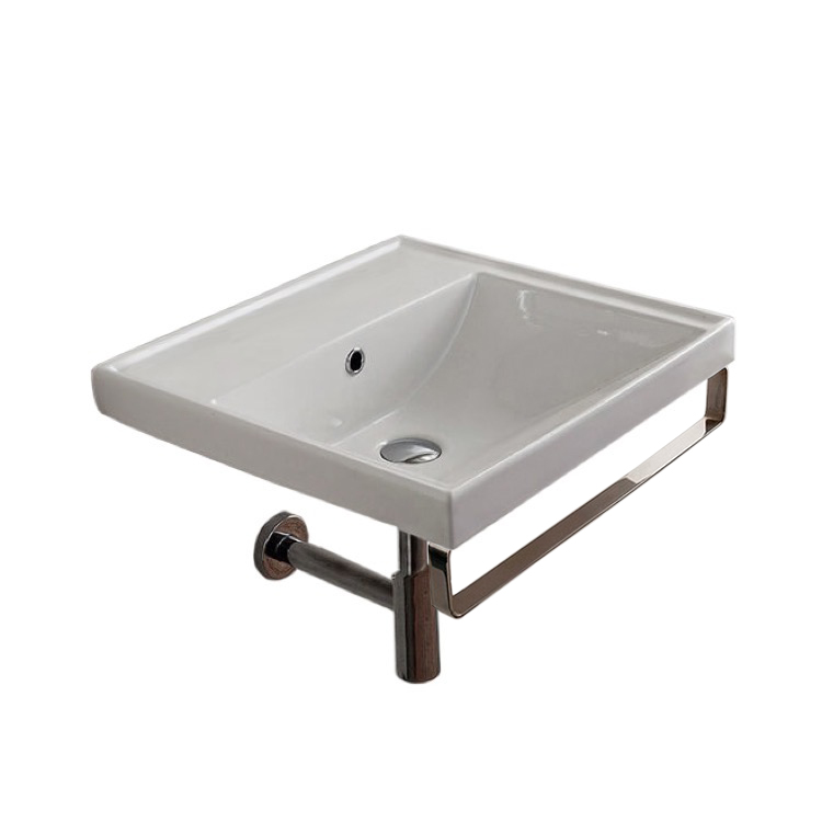 Nameeks 3004-TB-No-Hole Scarabeo Square Wall Mounted Ceramic Sink With Polished Chrome Towel Bar - White