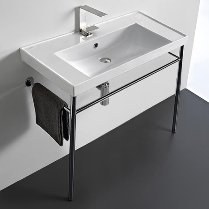Nameeks 3005-CON-One-Hole Scarabeo Rectangular Ceramic Console Sink and Polished Chrome Stand - White