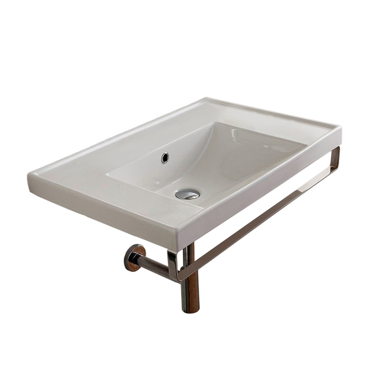 Nameeks 3005-TB-No-Hole Scarabeo Rectangular Wall Mounted Ceramic Sink With Polished Chrome Towel Bar - White