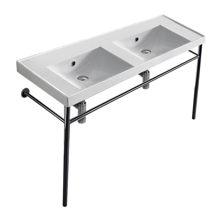 Nameeks 3006-CON-No-Hole Scarabeo Double Basin Ceramic Console Sink and Polished Chrome Stand - White