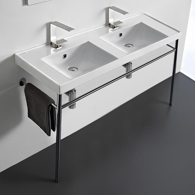 Nameeks 3006-CON-Two-Hole Scarabeo Double Basin Ceramic Console Sink and Polished Chrome Stand - White