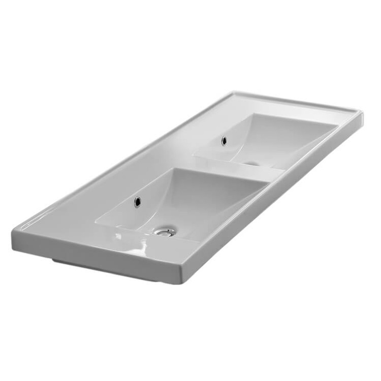 Nameeks 3006-No-Hole Scarabeo Rectangular Double White Ceramic Self Rimming or Wall Mounted Bathroom Sink - White