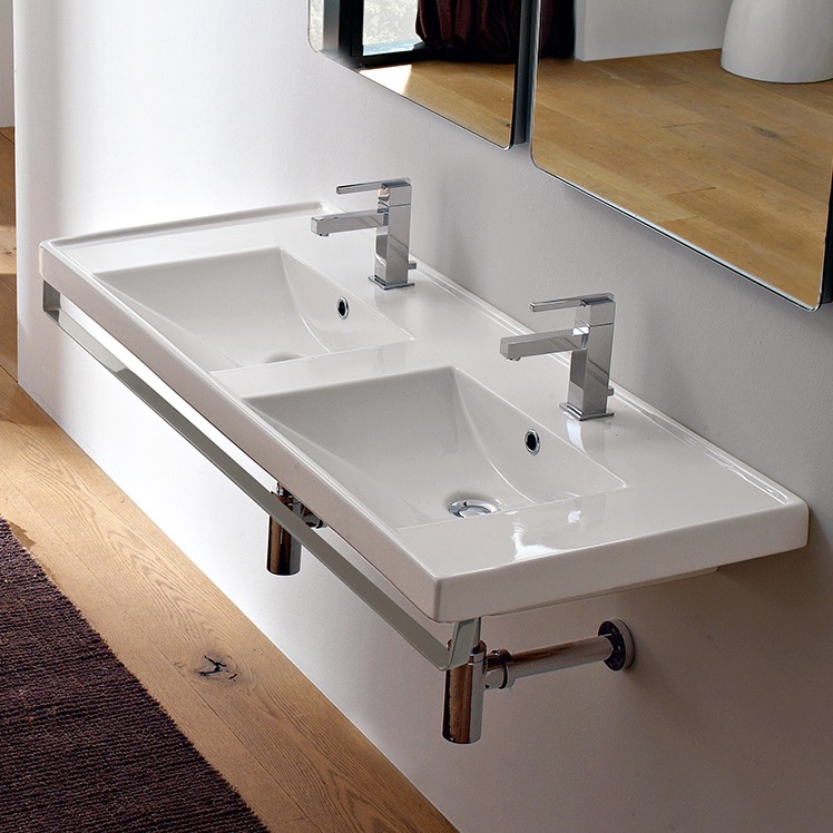 Nameeks 3006-TB-Two-Hole Scarabeo Double Basin Wall Mounted Ceramic Sink With Polished Chrome Towel Bar - White