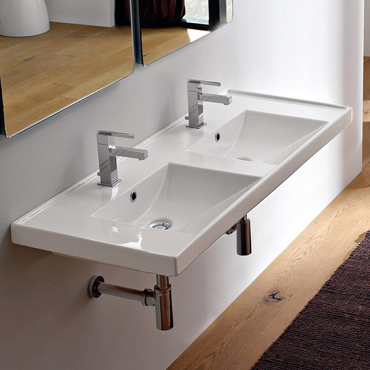 Nameeks 3006-Two-Hole Scarabeo Rectangular Double White Ceramic Self Rimming or Wall Mounted Bathroom Sink - White