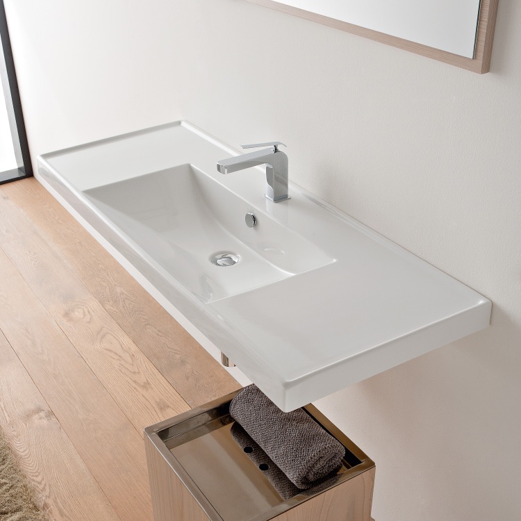 Nameeks 3007-One-Hole Scarabeo Rectangular White Ceramic Self Rimming or Wall Mounted Bathroom Sink - White