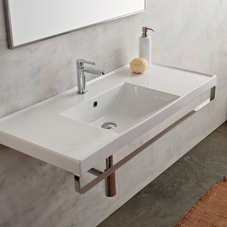 Nameeks 3007-TB-One-Hole Scarabeo Rectangular Wall Mounted Ceramic Sink With Polished Chrome Towel Bar - White