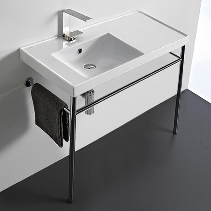 Nameeks 3008-CON-One-Hole Scarabeo Rectangular Ceramic Console Sink and Polished Chrome Stand - White