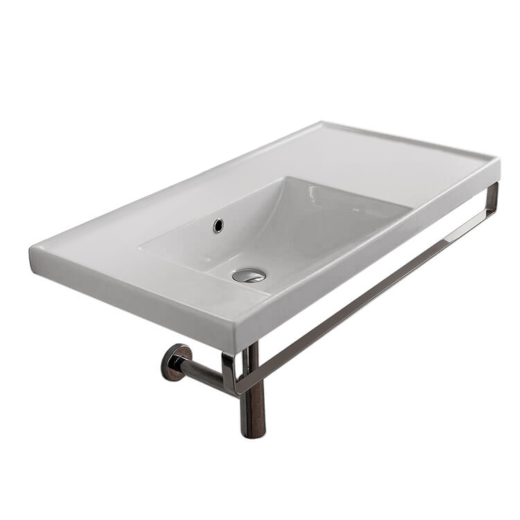 Nameeks 3008-TB-No-Hole Scarabeo Rectangular Wall Mounted Ceramic Sink With Polished Chrome Towel Bar - White