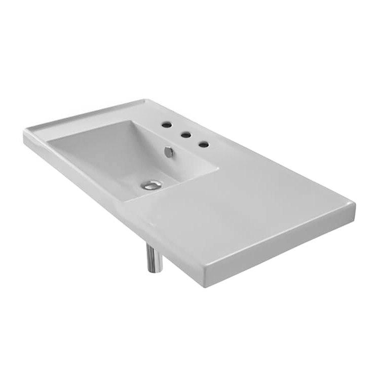 Nameeks 3008-Three-Hole Scarabeo Rectangular White Ceramic Self Rimming or Wall Mounted Bathroom Sink - White