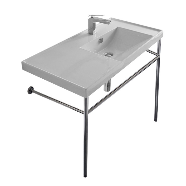 Nameeks 3009-CON-One-Hole Scarabeo Rectangular Ceramic Console Sink and Polished Chrome Stand - White