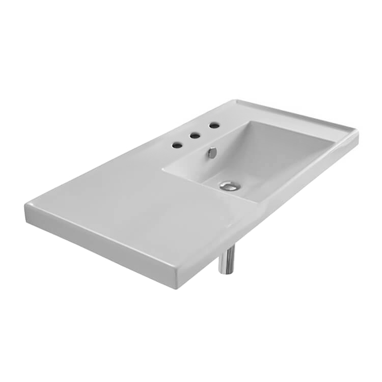 Nameeks 3009-Three-Hole Scarabeo Rectangular White Ceramic Self Rimming or Wall Mounted Bathroom Sink - White