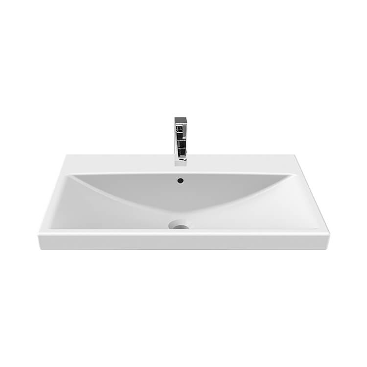 Nameeks 032100-U-One-Hole CeraStyle Rectangular White Ceramic Wall Mounted or Drop In Sink - White