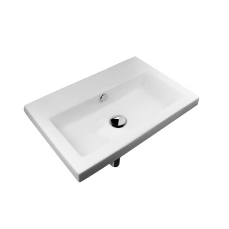 Nameeks 4001011-No-Hole Tecla Rectangular White Ceramic Self Rimming or Wall Mounted Bathroom Sink - White - Click Image to Close