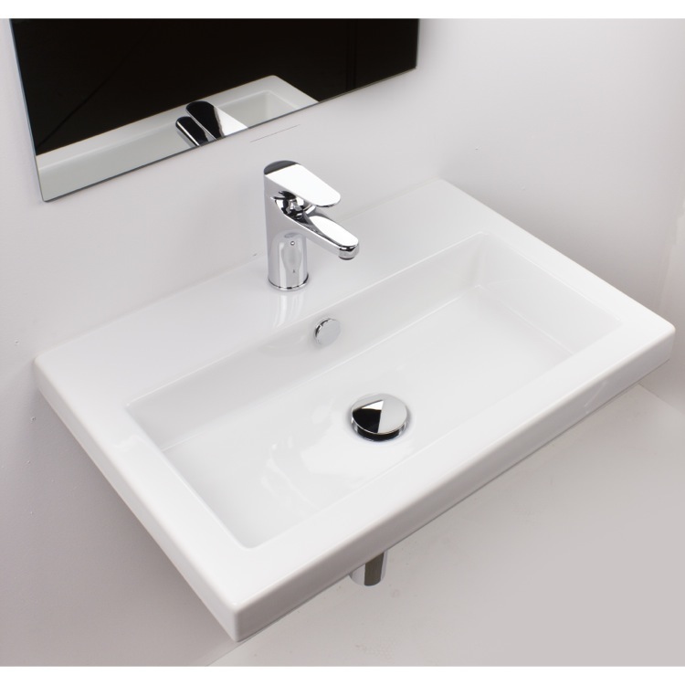 Nameeks 4001011-One-Hole Tecla Rectangular White Ceramic Self Rimming or Wall Mounted Bathroom Sink - White - Click Image to Close