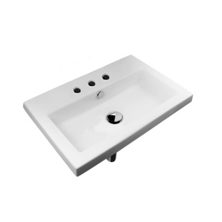 Nameeks 4001011-Three-Hole Tecla Rectangular White Ceramic Self Rimming or Wall Mounted Bathroom Sink - White - Click Image to Close
