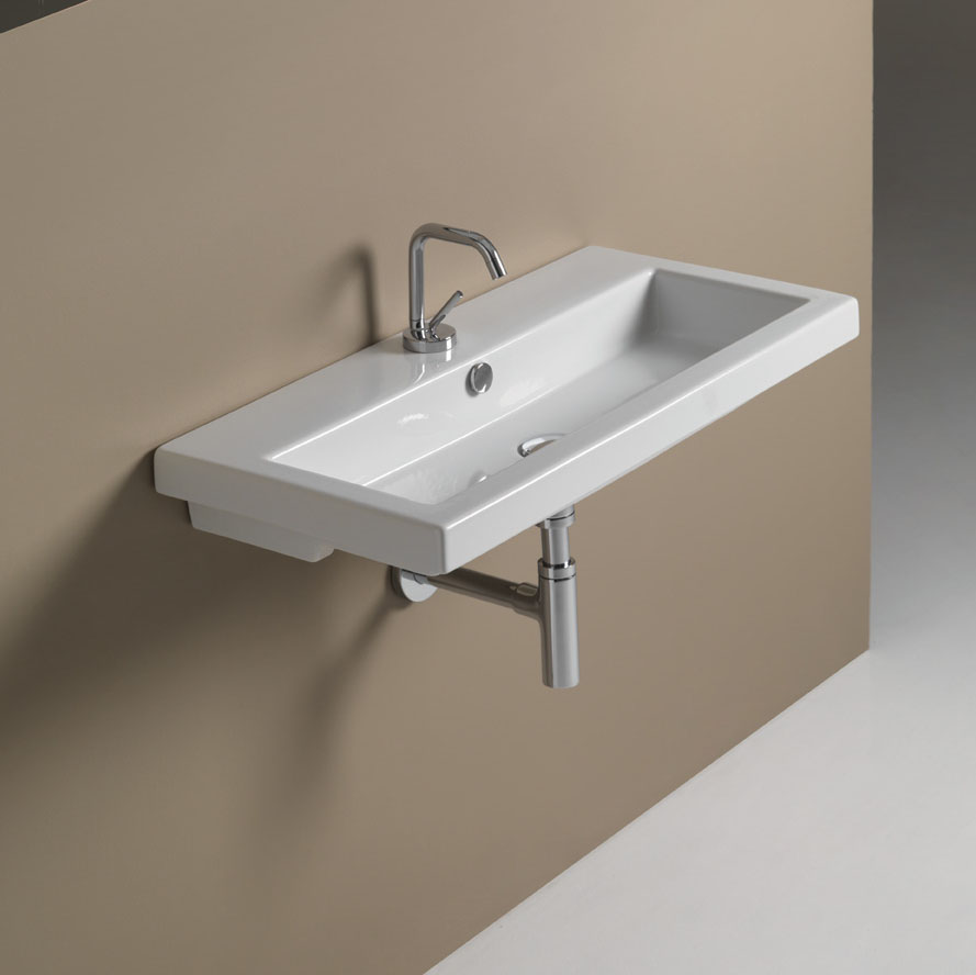 Nameeks 4002011-One-Hole Tecla Rectangular White Ceramic Wall Mounted or Self Rimming Sink - White - Click Image to Close