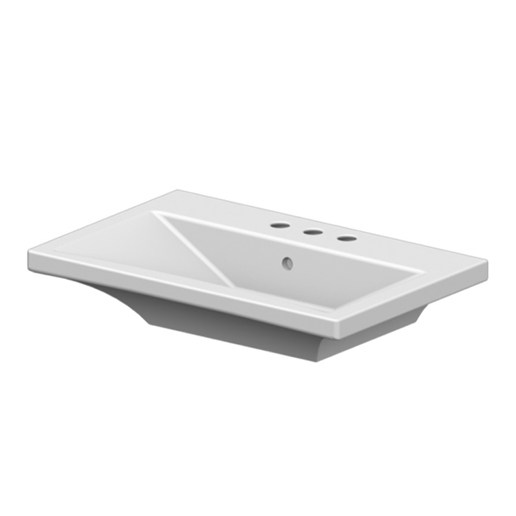 Nameeks 4004-Three-Hole Scarabeo Rectangular White Ceramic Wall-Mounted or Vessel Sink - White