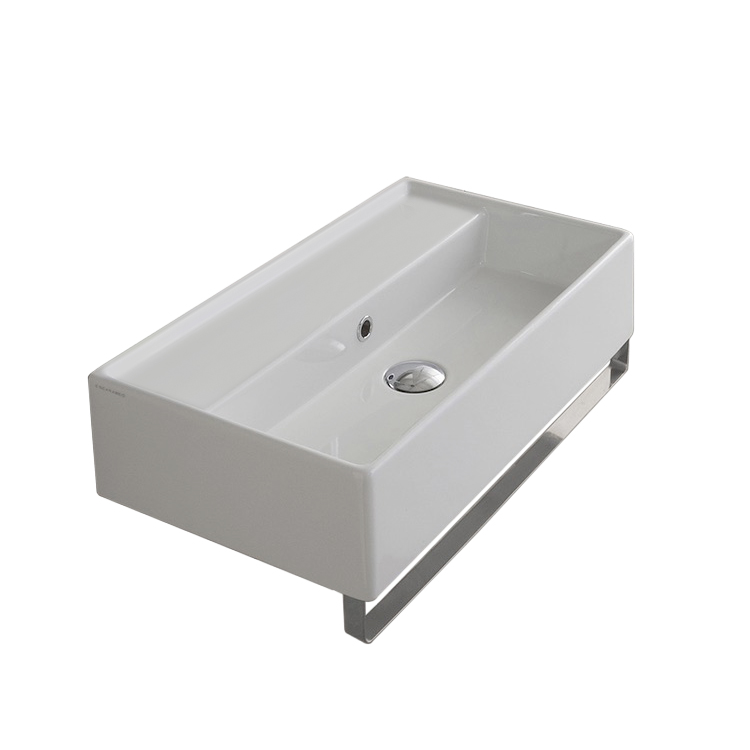 Nameeks 5001-TB-No-Hole Scarabeo Rectangular Wall Mounted Ceramic Sink With Polished Chrome Towel Bar - White