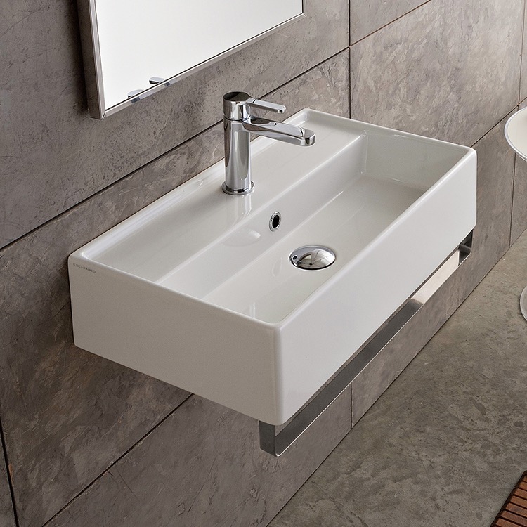 Nameeks 5001-TB-One-Hole Scarabeo Rectangular Wall Mounted Ceramic Sink With Polished Chrome Towel Bar - White