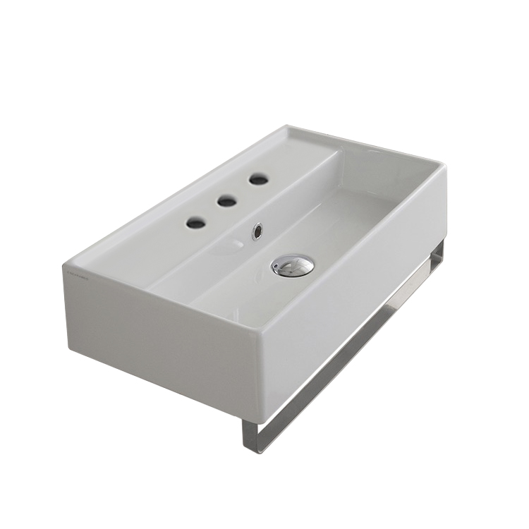 Nameeks 5001-TB-Three-Hole Scarabeo Rectangular Wall Mounted Ceramic Sink With Polished Chrome Towel Bar - White