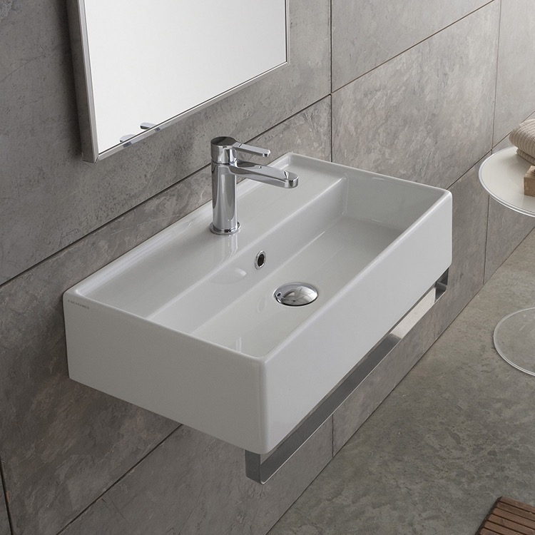Nameeks 5002-TB-One-Hole Scarabeo Rectangular Wall Mounted Ceramic Sink With Polished Chrome Towel Bar - White