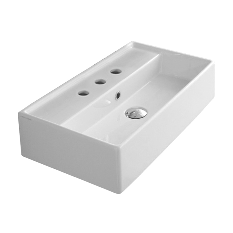 Nameeks 5002-Three-Hole Scarabeo Rectangular White Ceramic Wall Mounted or Vessel Sink - White