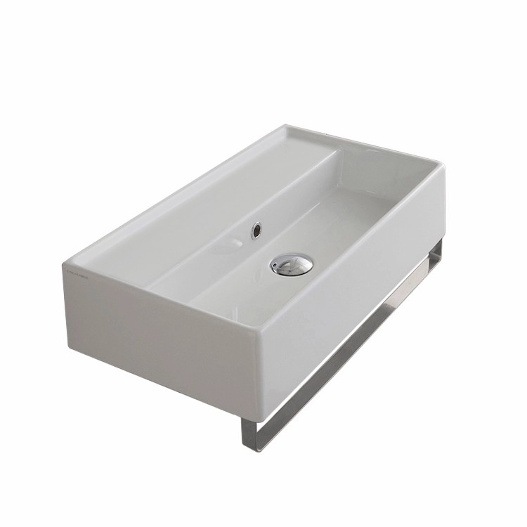 Nameeks 5003-TB-No-Hole Scarabeo Rectangular Wall Mounted Ceramic Sink With Polished Chrome Towel Bar - White