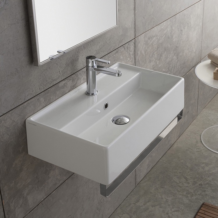 Nameeks 5003-TB-One-Hole Scarabeo Rectangular Wall Mounted Ceramic Sink With Polished Chrome Towel Bar - White