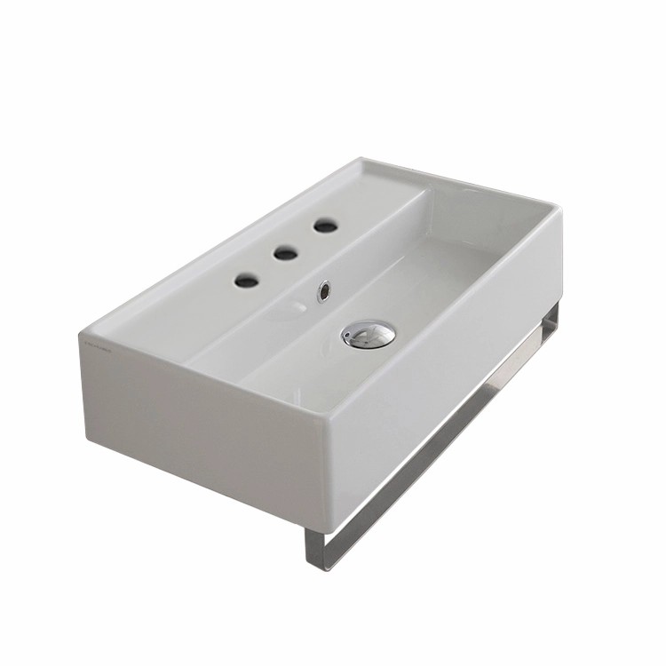 Nameeks 5003-TB-Three-Hole Scarabeo Rectangular Wall Mounted Ceramic Sink With Polished Chrome Towel Bar - White