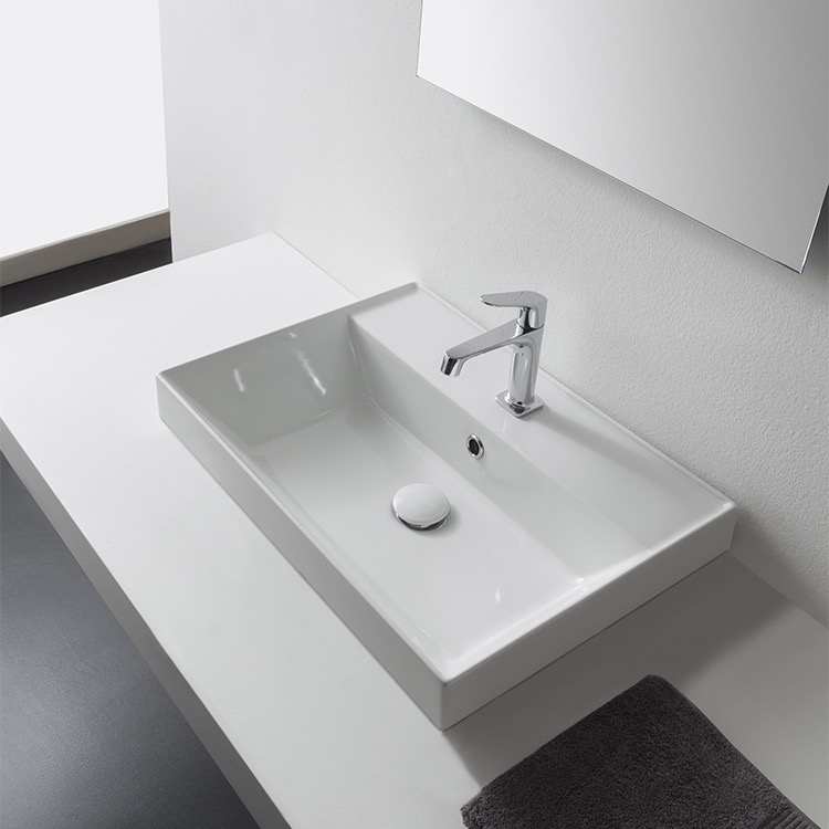Nameeks 5109-One-Hole Scarabeo Rectangular White Ceramic Self Rimming Sink - White