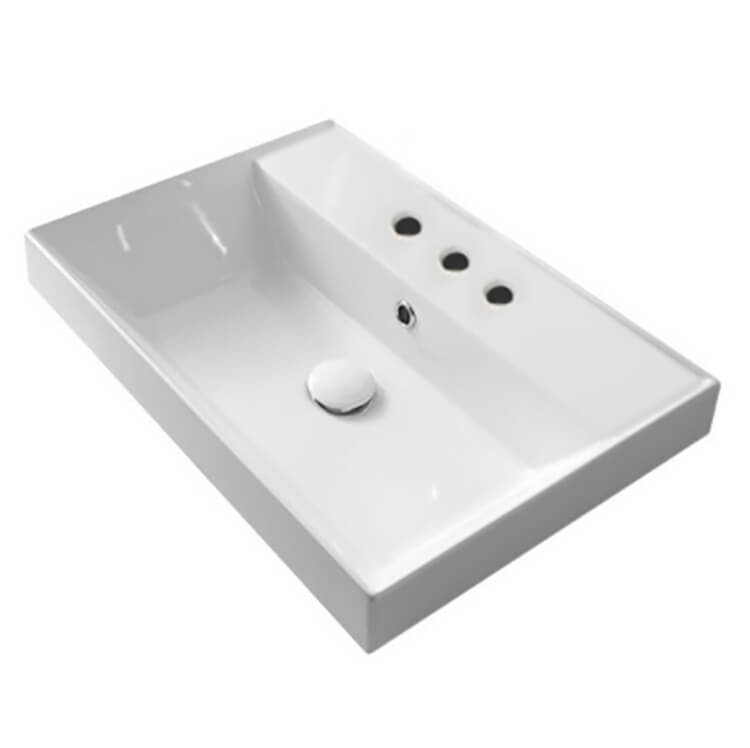Nameeks 5109-Three-Hole Scarabeo Rectangular White Ceramic Self Rimming Sink - White