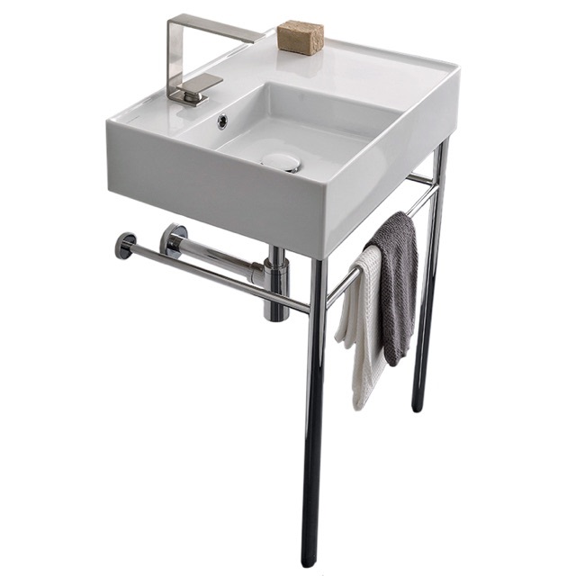 Nameeks 5114-CON-No-Hole Scarabeo Rectangular Ceramic Console Sink and Polished Chrome Stand - White