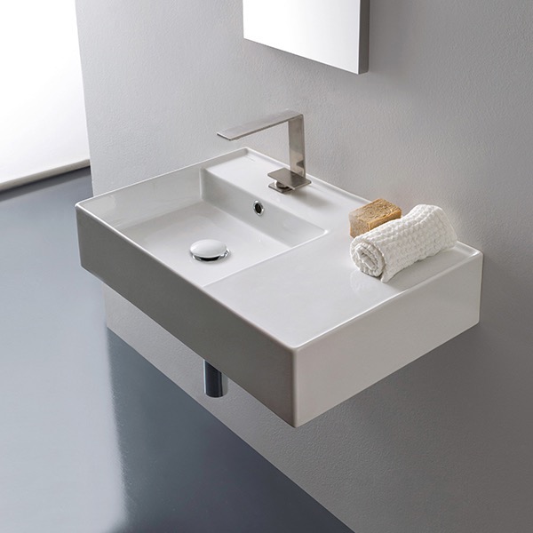 Nameeks 5114-One-Hole Scarabeo Rectangular Ceramic Wall Mounted or Vessel Sink With Counter Space - White