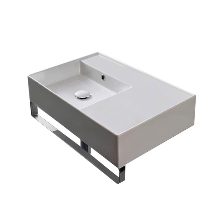 Nameeks 5114-TB-No-Hole Scarabeo Rectangular Ceramic Wall Mounted Sink With Counter Space, Towel Bar Included - White