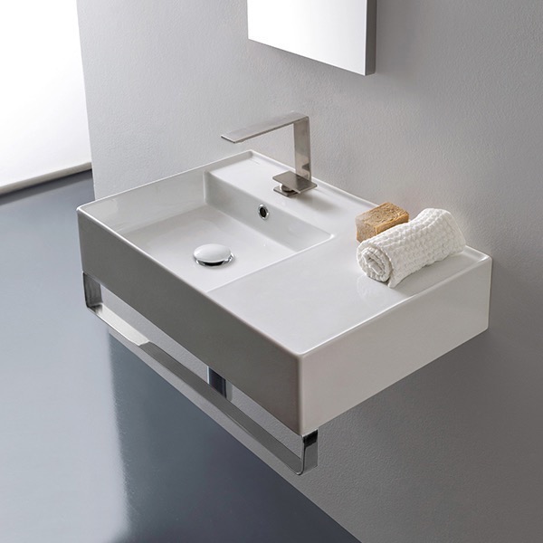 Nameeks 5114-TB-One-Hole Scarabeo Rectangular Ceramic Wall Mounted Sink With Counter Space, Towel Bar Included - White