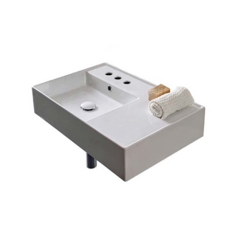 Nameeks 5114-Three-Hole Scarabeo Rectangular Ceramic Wall Mounted or Vessel Sink With Counter Space - White