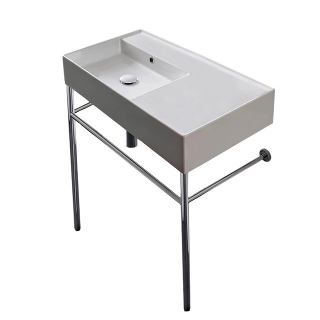Nameeks 5115-CON-No-Hole Scarabeo Rectangular Ceramic Console Sink and Polished Chrome Stand - White