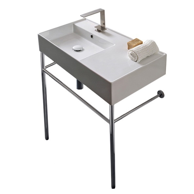 Nameeks 5115-CON-One-Hole Scarabeo Rectangular Ceramic Console Sink and Polished Chrome Stand - White