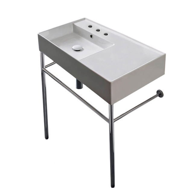 Nameeks 5115-CON-Three-Hole Scarabeo Rectangular Ceramic Console Sink and Polished Chrome Stand - White