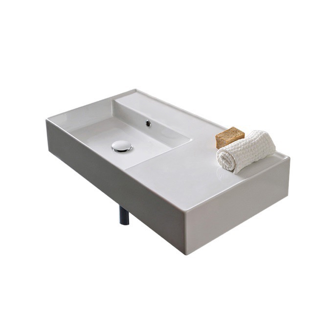 Nameeks 5115-No-Hole Scarabeo Rectangular Ceramic Wall Mounted or Vessel Sink With Counter Space - White