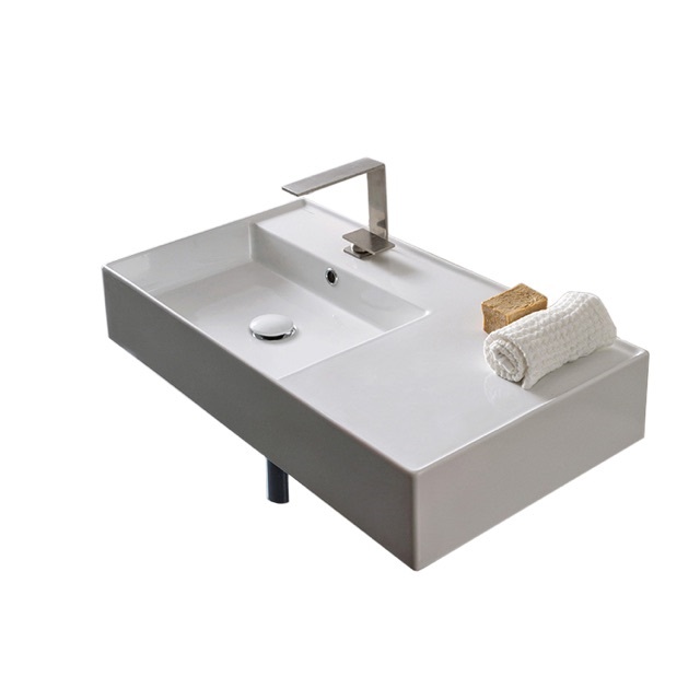 Nameeks 5115-One-Hole Scarabeo Rectangular Ceramic Wall Mounted or Vessel Sink With Counter Space - White