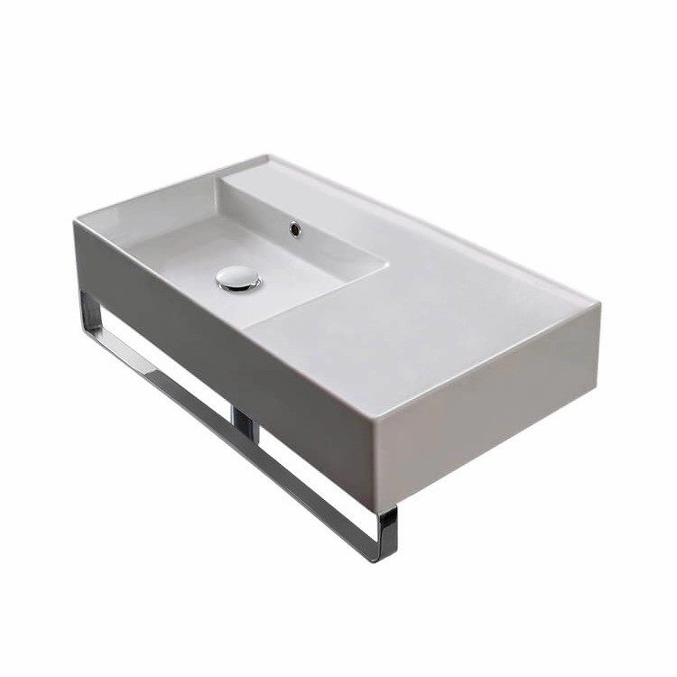Nameeks 5115-TB-No-Hole Scarabeo Rectangular Ceramic Wall Mounted Sink With Counter Space, Includes Towel Bar - White