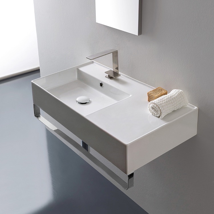 Nameeks 5115-TB-One-Hole Scarabeo Rectangular Ceramic Wall Mounted Sink With Counter Space, Includes Towel Bar - White