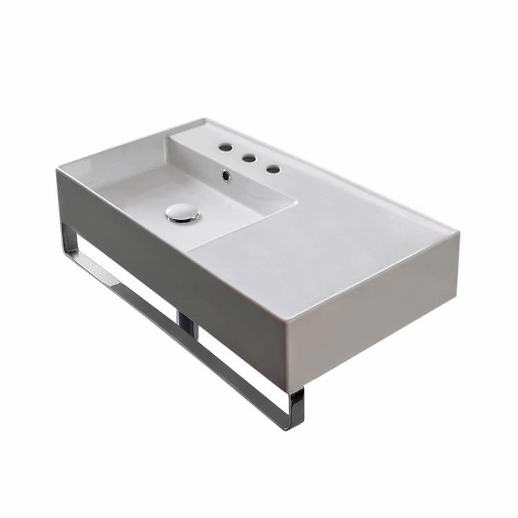 Nameeks 5115-TB-Three-Hole Scarabeo Rectangular Ceramic Wall Mounted Sink With Counter Space, Includes Towel Bar - White