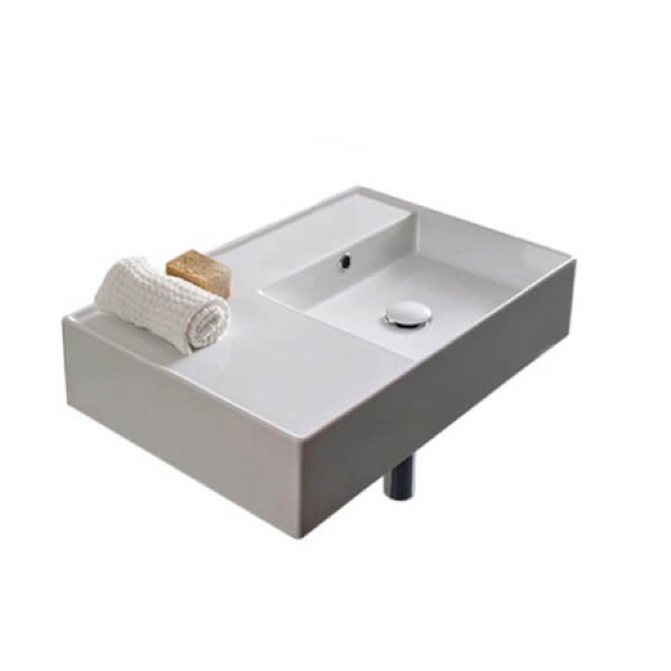 Nameeks 5117-No-Hole Scarabeo Rectangular Ceramic Wall Mounted or Vessel Sink With Counter Space - White