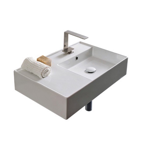 Nameeks 5117-One-Hole Scarabeo Rectangular Ceramic Wall Mounted or Vessel Sink With Counter Space - White