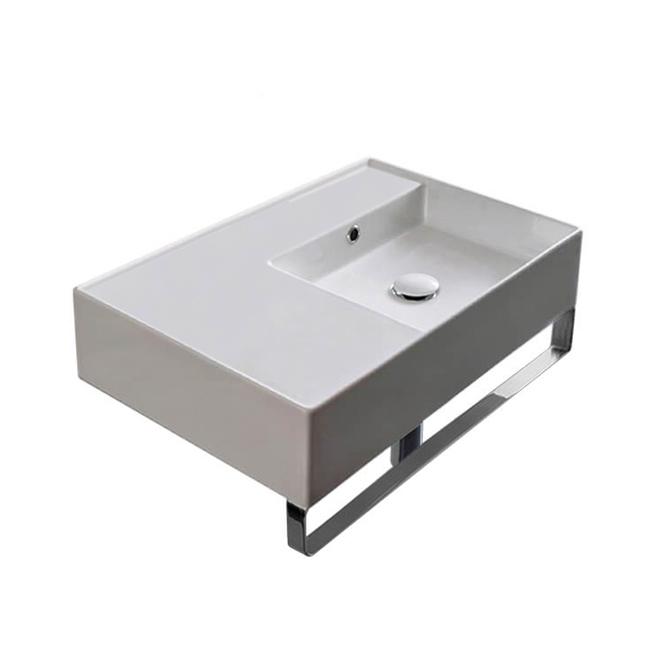 Nameeks 5117-TB-No-Hole Scarabeo Rectangular Ceramic Wall Mounted Sink With Counter Space, Towel Bar Included - White