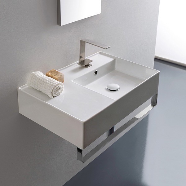 Nameeks 5117-TB-One-Hole Scarabeo Rectangular Ceramic Wall Mounted Sink With Counter Space, Towel Bar Included - White